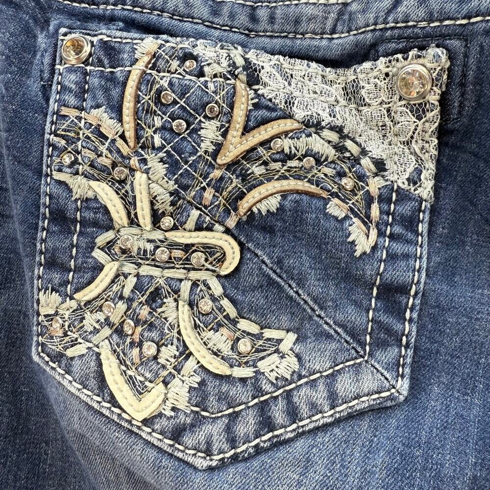 Miss Me Jeans Women's 30x34  Blue Signature Boot Lace Fleur De Lis Pockets - Picture 4 of 16